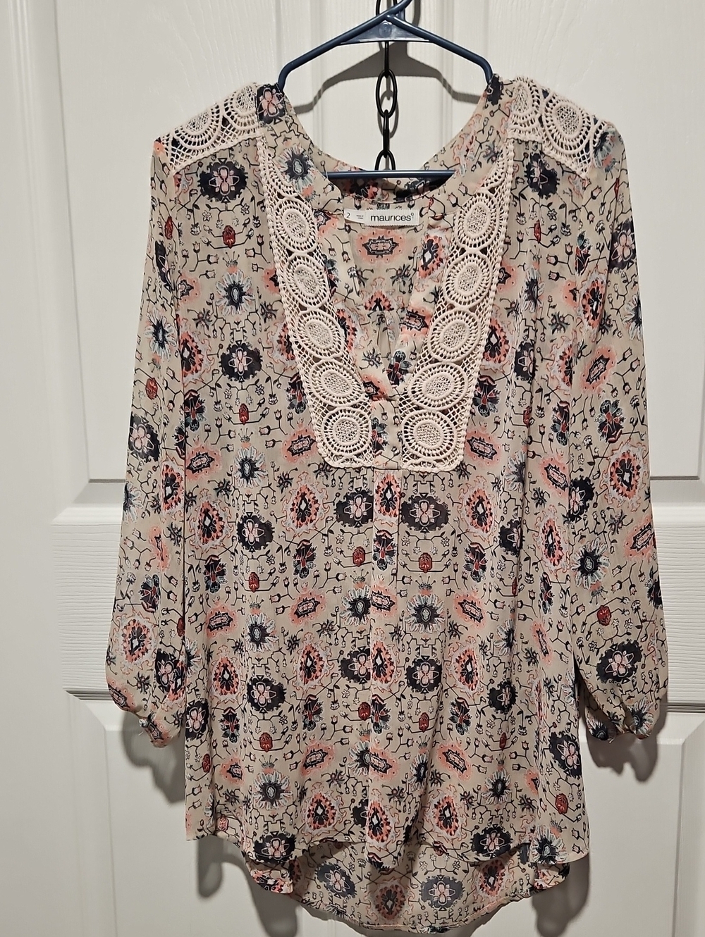 Maurices Beige Floral Crochet Trim Tunic